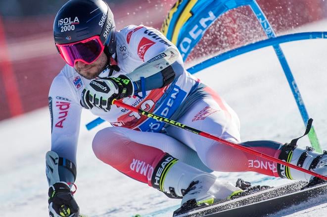 Mathieu Faivre v prvom kole obrovského slalomu mužov Svetového pohára v rakúskom Söldene, v októbri 2019.