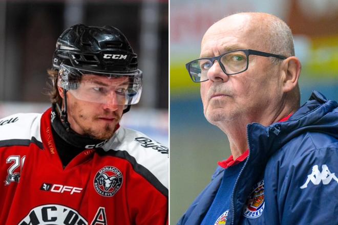 Dávid Šoltés pečatil v derby konečný výsledok, Peter Mikula netajil nespokojnosť. KOLÁŽ Denník Šport (zdroj foto: facebook HC MONACObet Banská Bystrica a TASR)