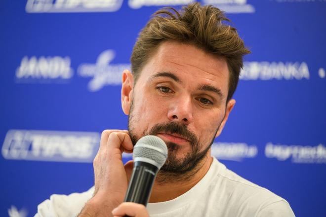 Švajčiarsky tenista Stan Wawrinka počas tlačovej konferencie v Bratislave.