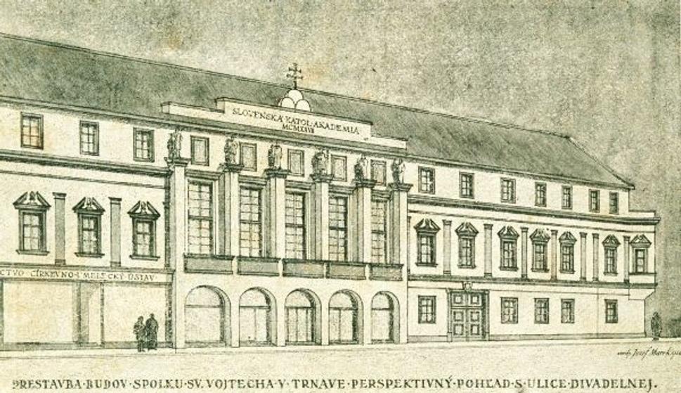 Neprijatý návrh na fasádu budovy SSV z roku 1926, pohľadnica