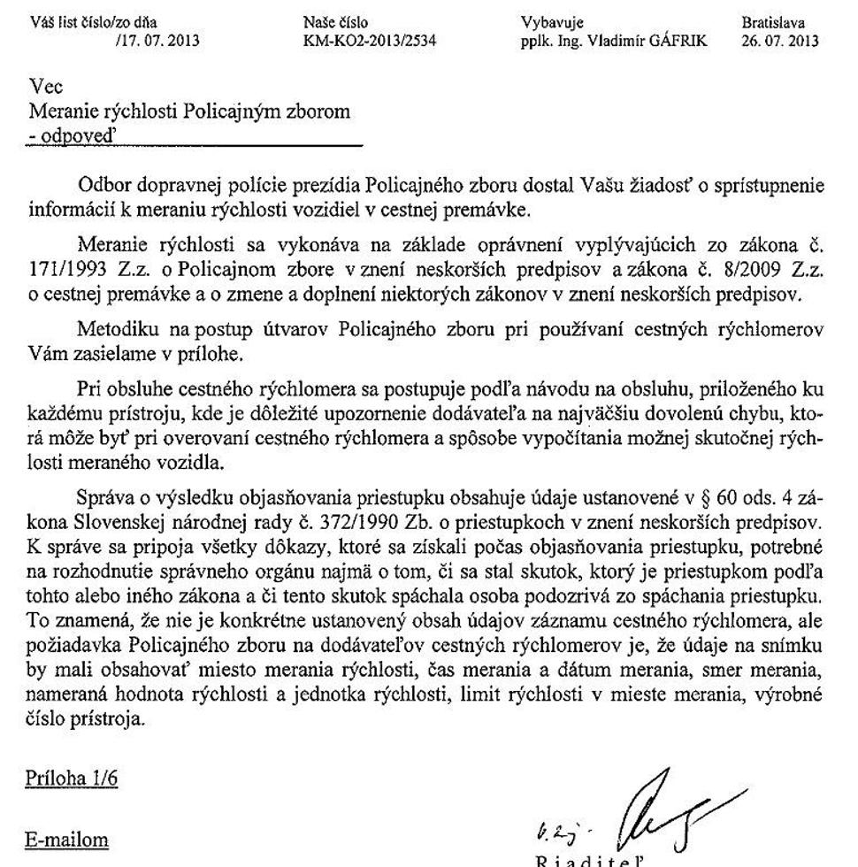 Vyjadrenie polície k meraniu rýchlosti.
