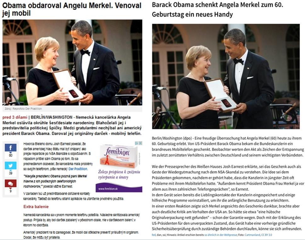 Článok o tom, ako Obama daroval Merkelovej mobil na noviny.sk a na pôvodnom zdroji - satirickom webe Der-Postillon.com