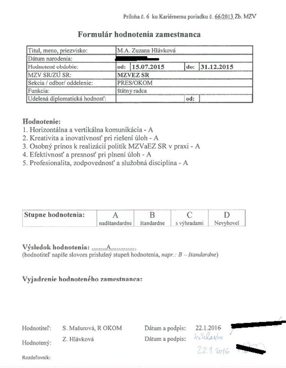 Hodnotenie práce Zuzany ministerstvom zahraničných vecí