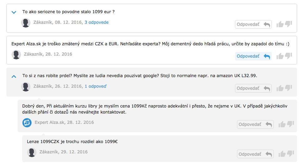 Upozornenia zákazníkov na uletenú cenu produktu /Alza.sk