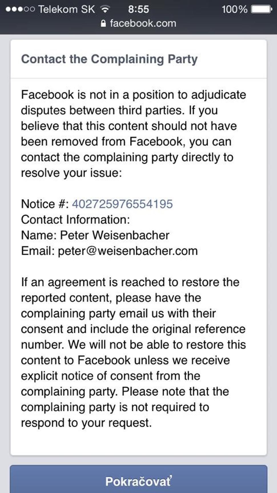 Skutočný autor falošného udania. Peter Weisenbacher v snahe zabrániť šíreniu nevinnej koláže klamal administrátorovi facebooku