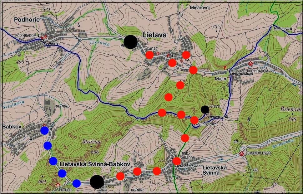 Čierna: začiatok a koniec pešej túry s odbočkou na hrad, červená: pešia túra, modrá: autobus na konečnú
