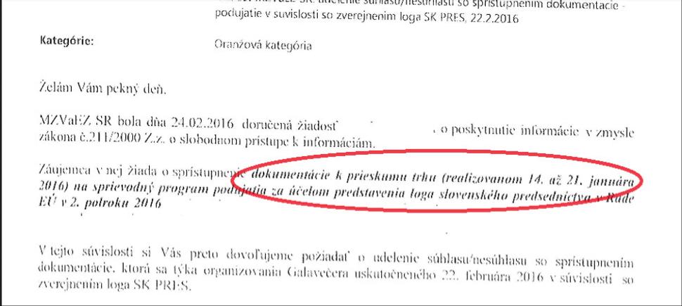 Kópia vlastného dokumentu MZV z februára 2016 kde tvrdí, že robilo prieskum trhu a oslovuje uchádzača pre súhlas so zverejnením jeho ponuky (zdroj: webstránka MZV).