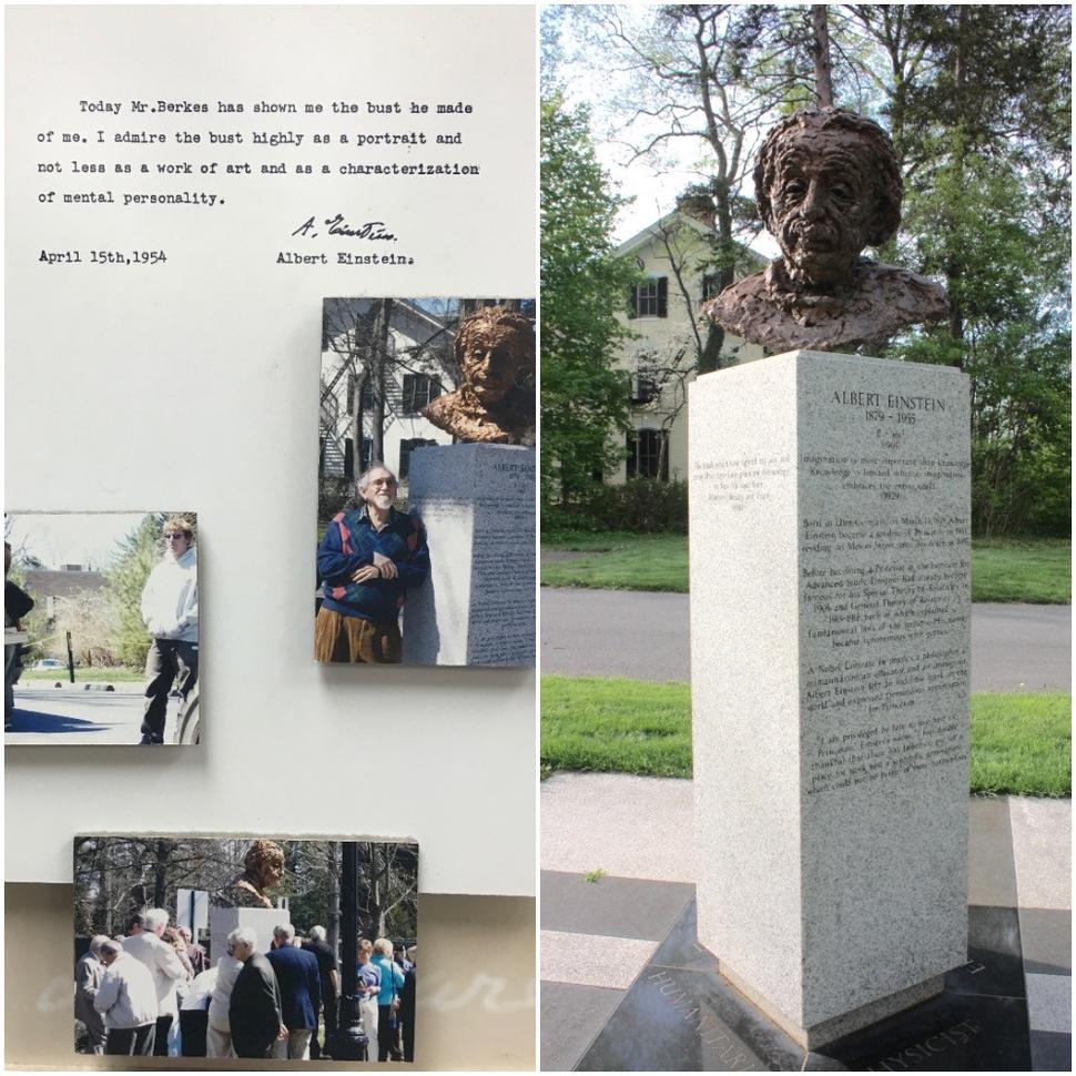 Vľavo stránka z Einsteinovho denníka, datovaná 15. 4. 1954 a poznámka o stretnutí s umelcom, ktorý vytvoril jeho bustu, doplnená o neskoršie fotografie z odhalenia busty. Vpravo pamätník dnes.