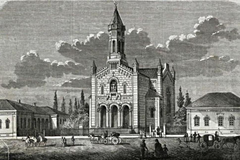 Obraz slovenského evanjelického kostola s farou a so školou na litografii z roku 1863