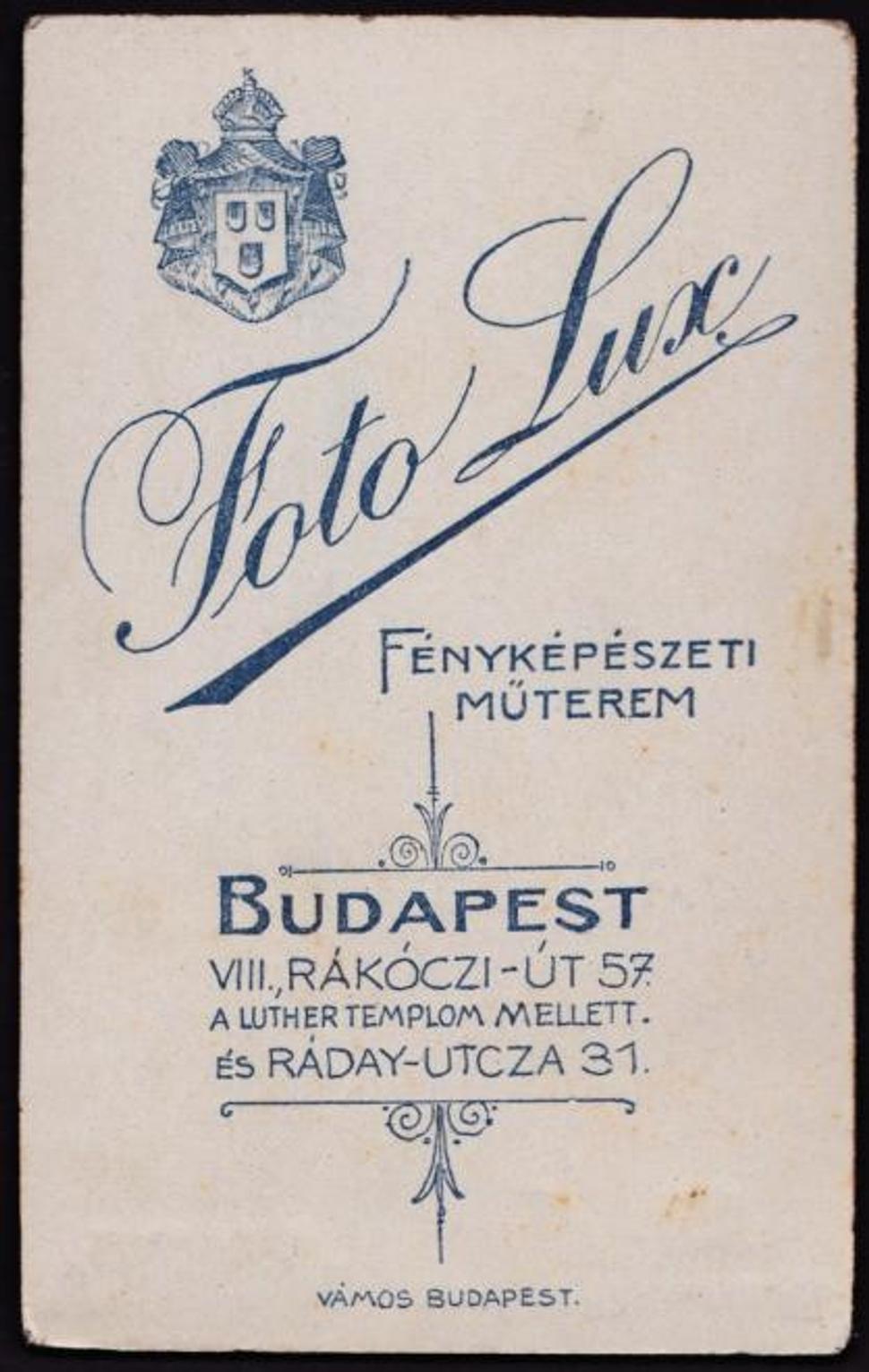 Reklama na fotoateliér z roku 1900 s textom: Rákócziho cesta č. 57, vedľa Lutherovho kostola