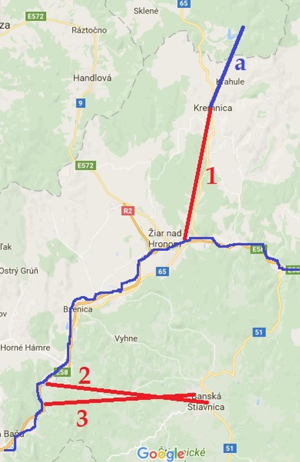 Schematický nákres hronských dedičných štôlní: 1 - Ferdinand, 2. Jozef II., 3. - Nová voznická, a - Turčekovský vodovod