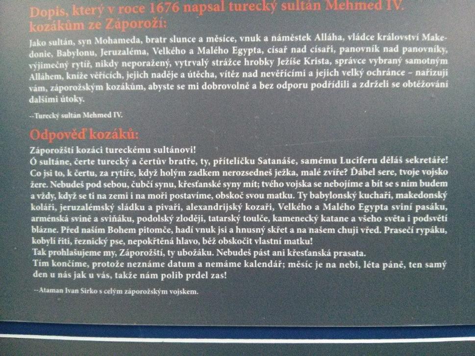 List záporožských kozákov tureckému sultánovi, ktorý poslúžil ako inšpirácia I. J. Repina pre jeho známy obraz