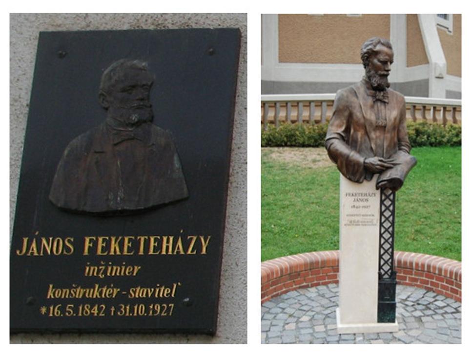 Pamätná tabuľa v meste Šaľa, ktoré bolo Feketeházyho domovom a jeho socha v Segedíne.
