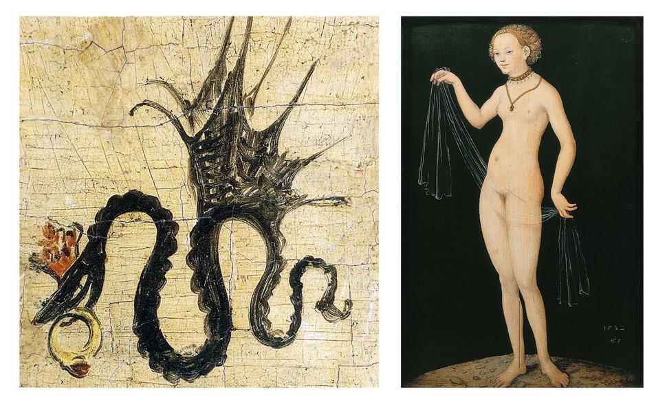 Vľavo Cranachov znak, ktorým označoval svoje diela. Vpravo dielo "Venuša", 1532