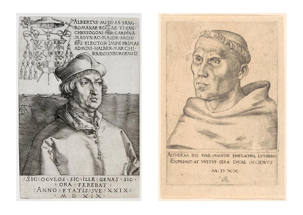 Vľavo: Albrecht Dürer "Albrecht z Brandenburgu", 1519. Vpravo: Lucas Cranach a jeho prvá rytina podobizne Martina Luthera, 1520