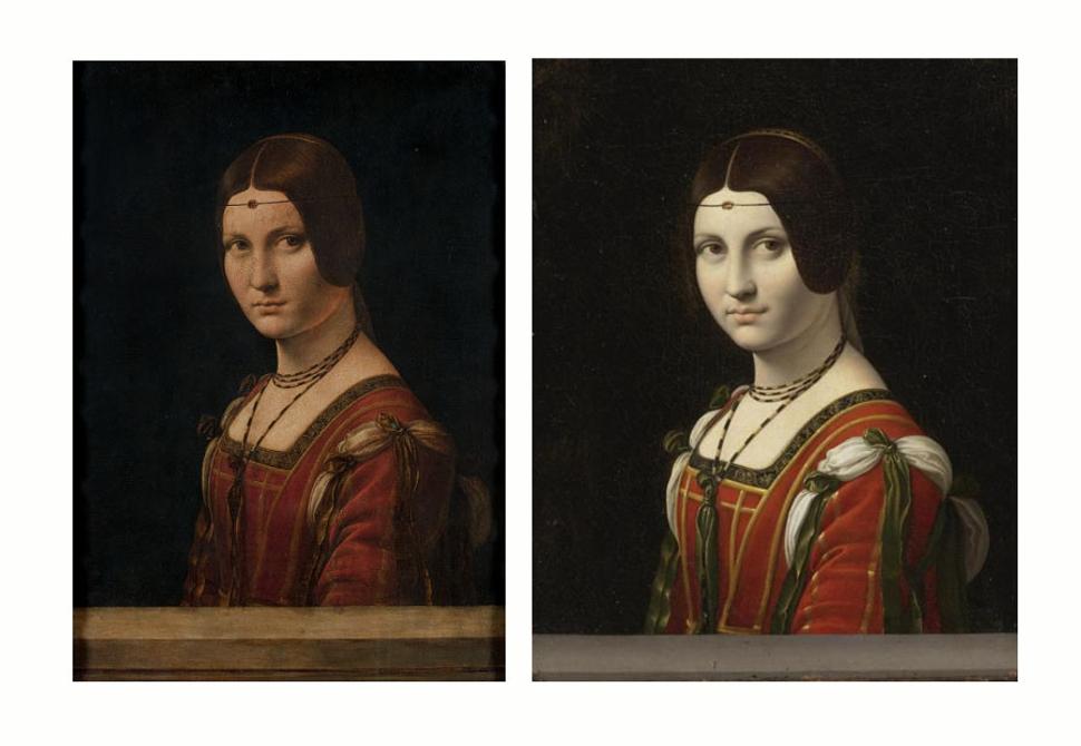Obraz "La Belle Ferronnière". Vľavo: verzia, ktorá visí v parížskom Louvre. Vpravo: sporná verzia, ktorej majiteľkou bola André Lardoux Hahn