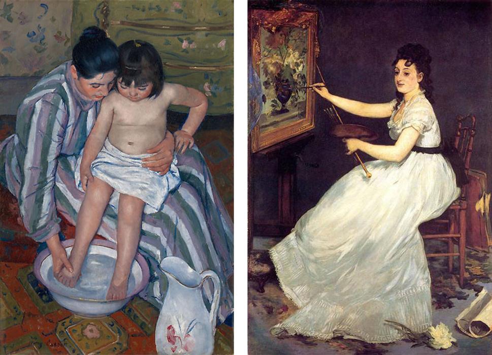 Vľavo: Mary Cassatt, Detský kúpeľ, 1893. Vpravo: Édouard Manet, Eva Gonzales, 1870. Jedno z prvých diel, ktoré Durand-Ruel kúpil.