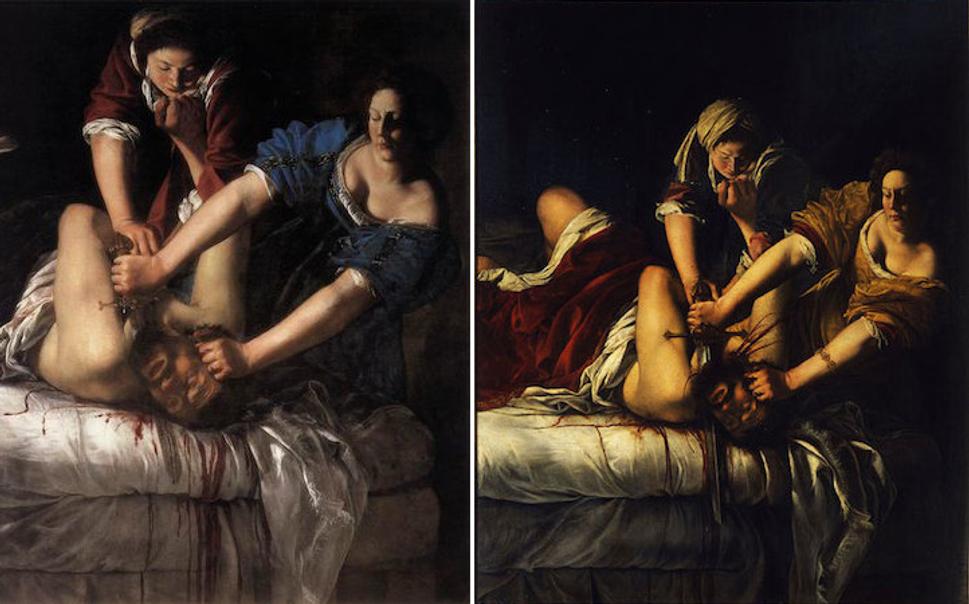Dielo Zavraždenie Holoferna (Judith Slaying Holofernes). Zachovali sa dve verzie: vľavo z roku 1611-12, Museo Nazionale di Capodimonte, Neapol; vpravo verzia z roku 1620-1621, ktorá visí v Uffizi vo Florencii. Prvú verziu namaľovala pravdepodobne počas alebo tesne po súdnom procese s Tassim. Vojvodkyňa z rodu Medici považovala obraz za príliš strašidelný a tak dlhé roky ležal v tmavom kúte v Palazzo Pitti. Verejne ho ukázali v Uffizzi až v roku 2002.