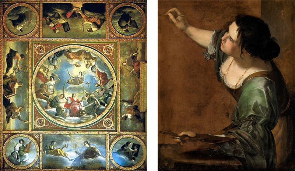 Vľavo: spoločné dielo Artemisie a jej otca Orazia (1638 - 1639) – strop kráľovninho domu v Greenwich. Vpravo: autoportrét Allegory of Painting, ktorý namaľovala v Anglicku.