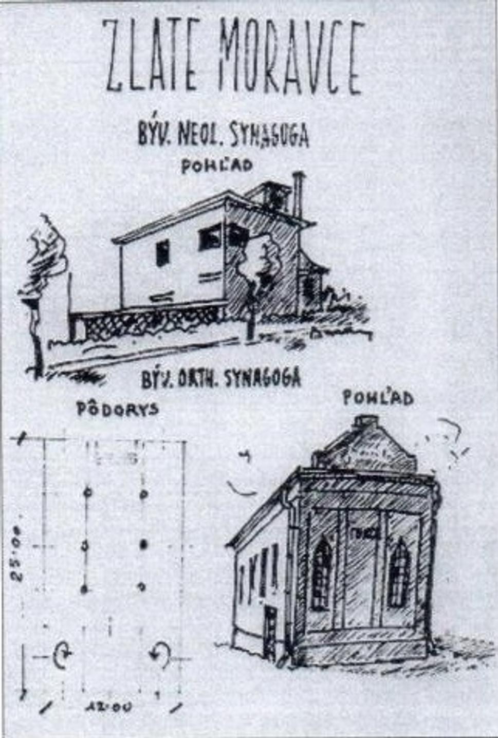 Zobrazená ilustrácia zachytáva pohľad na synagógy v meste Zlaté Moravce aj s pôdorysom ortodoxnej synagógy.