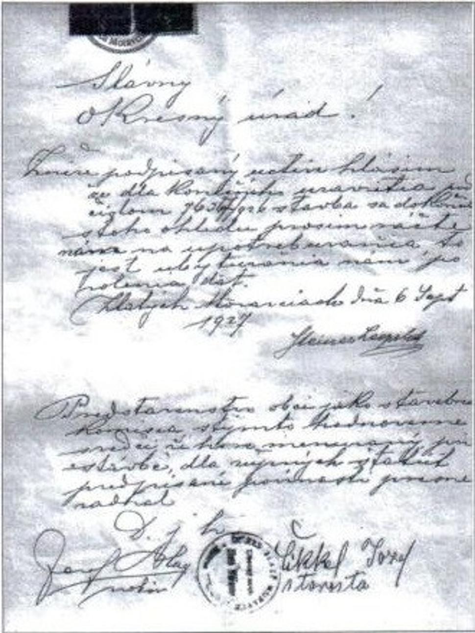 List predsedu náboženskej obce Leopold Steirna, ide o žiadosť pre okresný úrad o povolenie na prevádzku ortodoxnej synagógy v meste Zlaté Moravce. 6. septembra 1927.