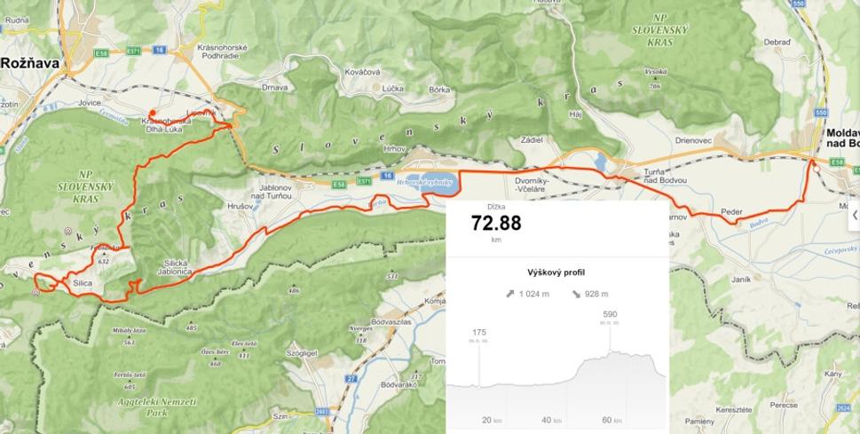 Trasa cyklotúry. Batéria v mobile, na rozdiel od nás nevydržala až do Rožňavy...