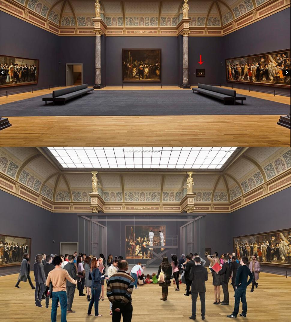 Hore: pohľad do Rijskmuseum, kde aktuálne dielo visí. Šípkou je označená kópia diela, ktorá znázorňuje obraz v pôvodnej veľkosti. Dole: Nočná hliadka bude súčasťou najväčšieho projektu reštaurovania Rijskmuseum v histórii. Počas celého procesu bude dielo umiestnené v sklenenej miestnosti (na fotke počítačová štúdia) a proces reštaurovania bude okrem toho dostupný aj online. Začiatok projektu je naplánovaný na júl 2019.