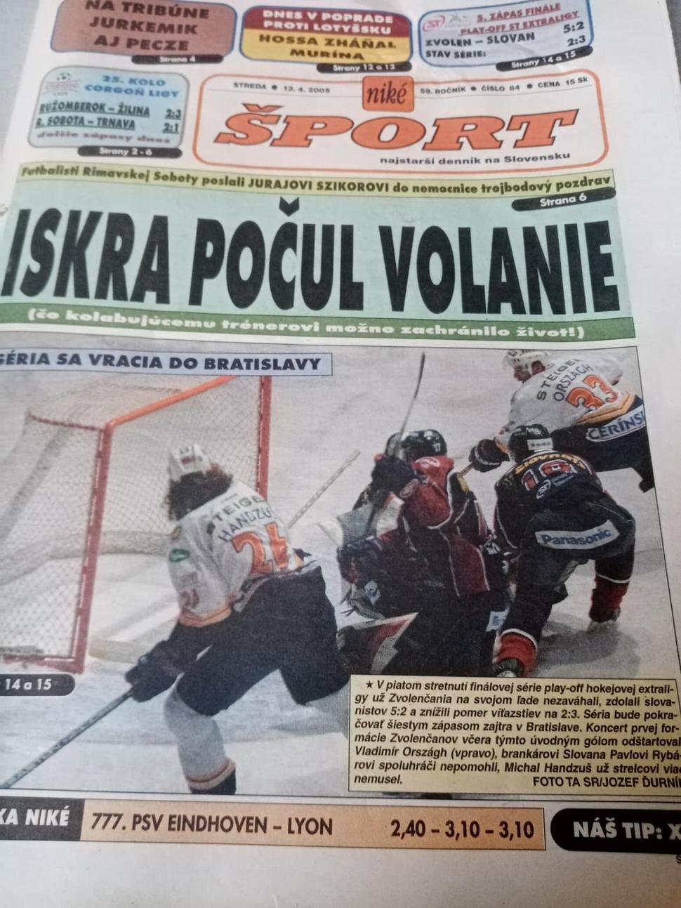 Titulka Denníka Šport. Apríl 2005