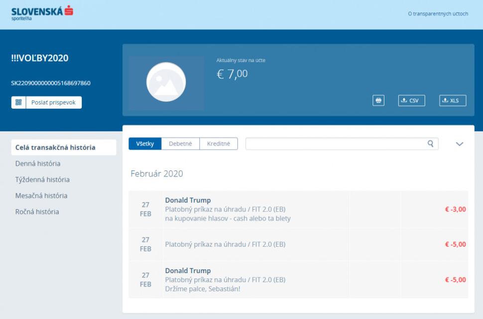 Obr. Z transparentného účtu, ktorý sme si založili sa nám podarilo odoslať fiktívnu platbu americkému prezidentovi Donaldovi Trumpovi. Peniaze v skutočnosti odišli na zbierku pre ťažko choré dieťa.