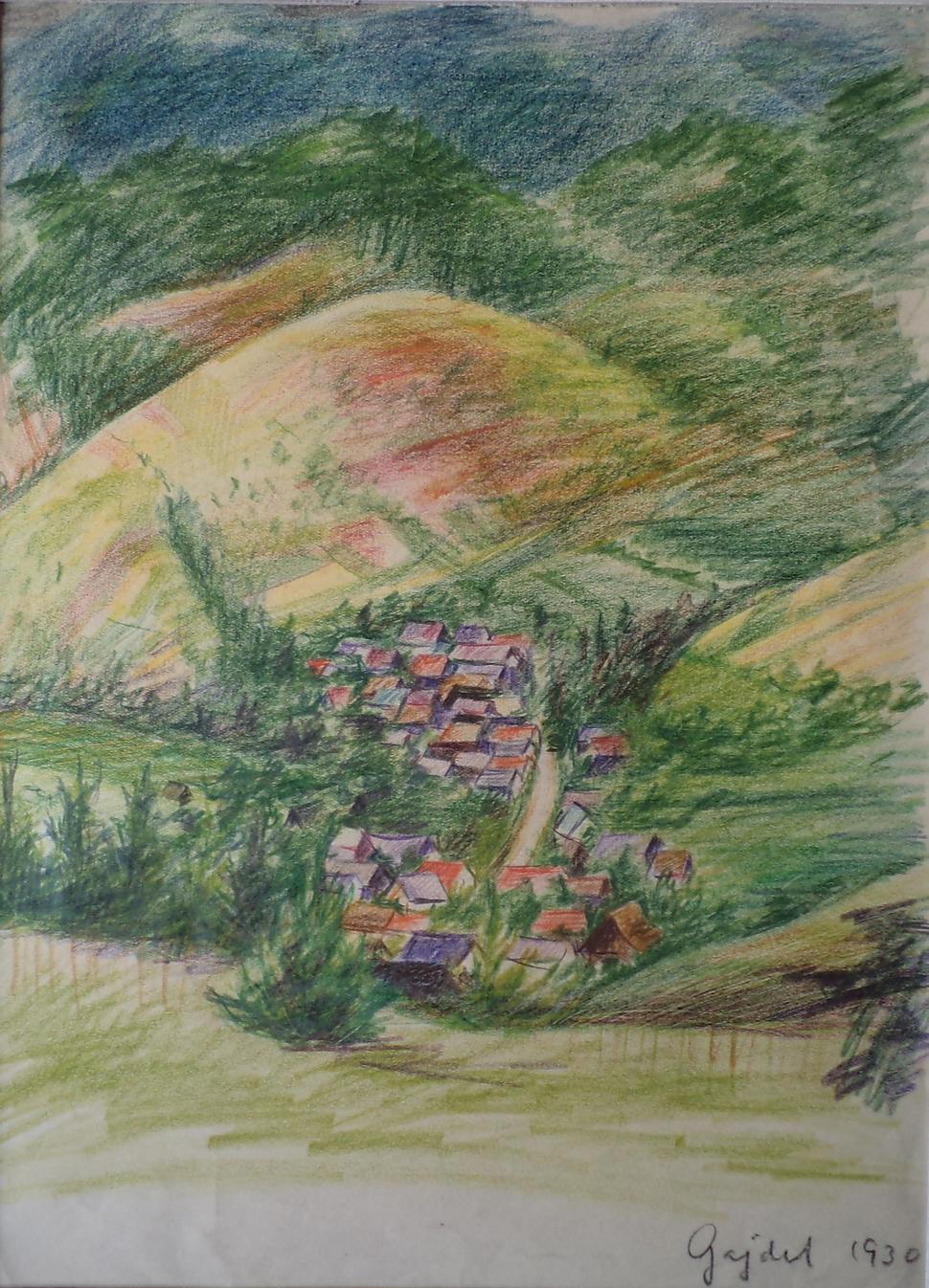 Kató Petrich: Horská dedina. Farebná krieda. Gajdel, 1930. 31x22,5 cm