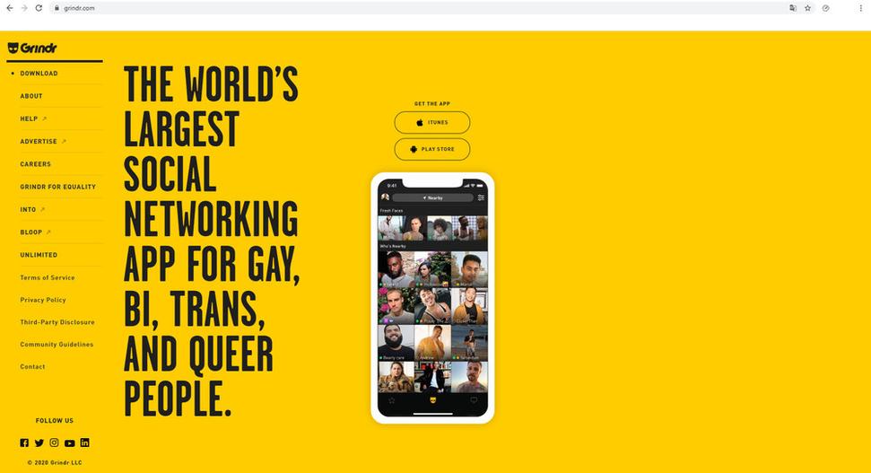 Screenshot z hlavnej strany aplikácie Grindr cez webový prehliadač.