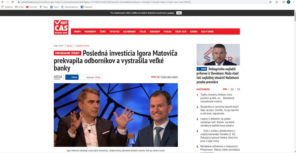 Igor Matovič údajne v jednej talkshow spomenul, že prišiel na nový spôsob, ako rýchlo zarobiť veľké peniaze. Aspoň tak sa píše v článku, ktorý sa náramne podobá na prácu Nového času.