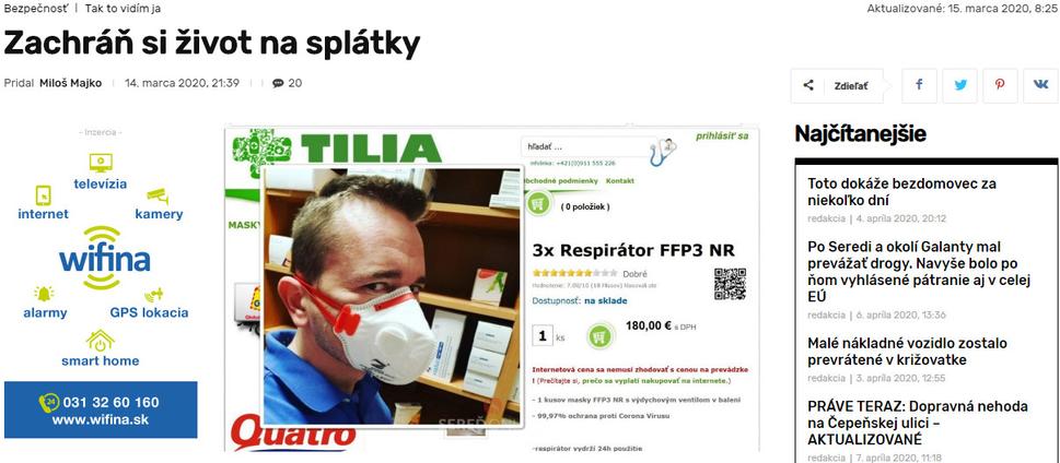 Predajca predražené respirátory ponúkal aj na splátky cez spoločnosť Quatro.