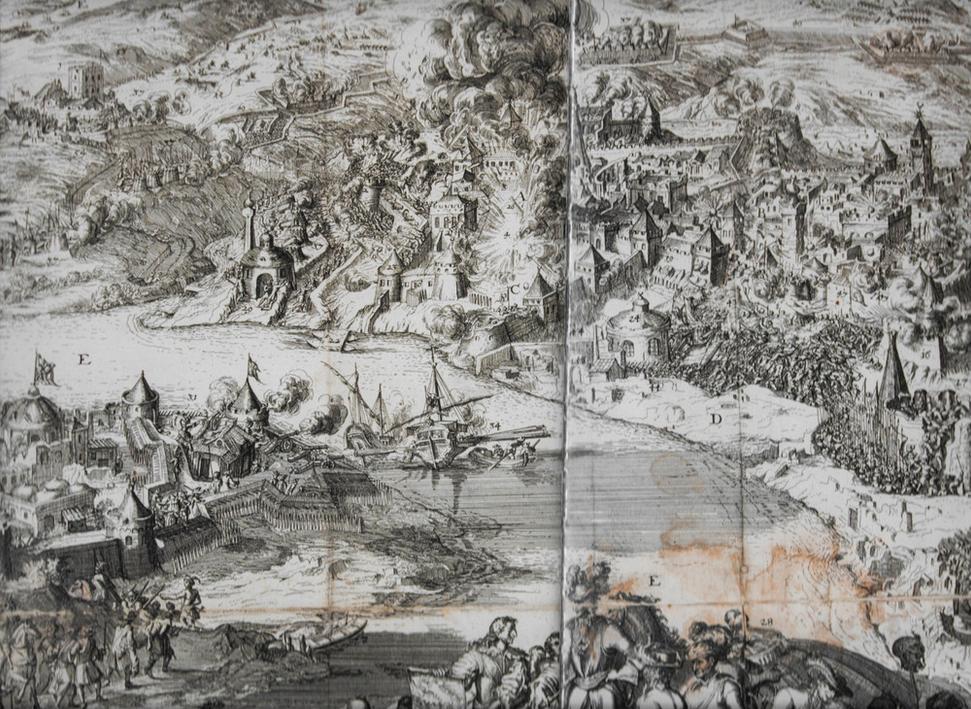 Budín, obliehanie a dobýjanie cisárskymi vojskami - medirytina Johanna Christopha Haffnera, 1687.
