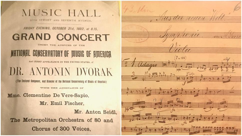 Leták oznamujúci prvé vystúpenie Antonína Dvořáka v Carnegie Hall a časť partitúry Deviatej symfónie.