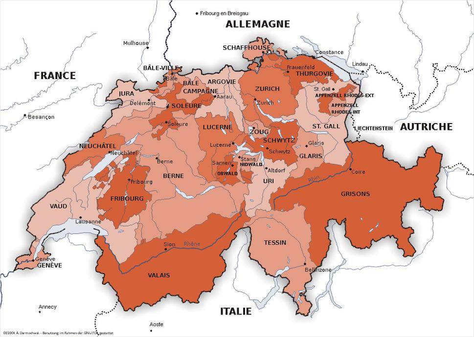 Mapa švajčiarskych kantónov. Za povšimnutie stoja komplikované hranice a početné enklávy vychádzajúce z lokálnych pomerov (napr. jazyk, alebo majoritné náboženstvo).