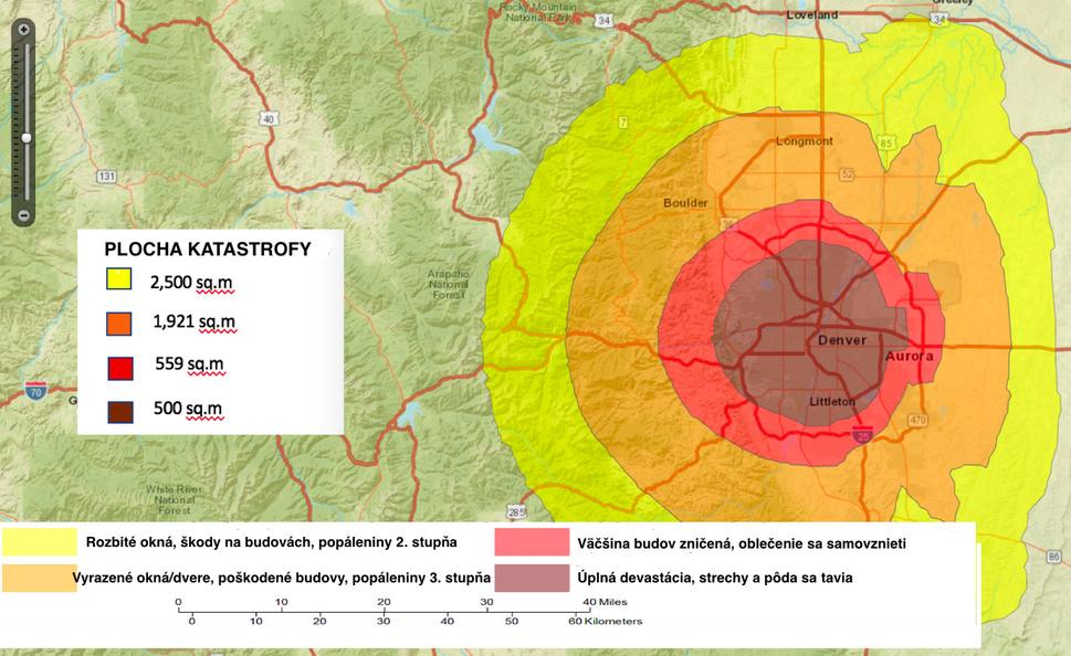 Škody na povrchu v oblasti dopadu – mesto Denver, USA