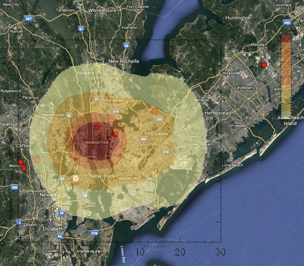 Mapa ohrozenia v New Yorku. Tmavočervená farba zobrazuje oblasť úplného zničenia
