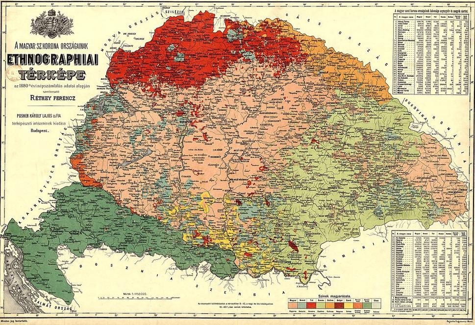 Mapa Uhorska s národnostným delením podľa sčítania obyvateľstva z r. 1880