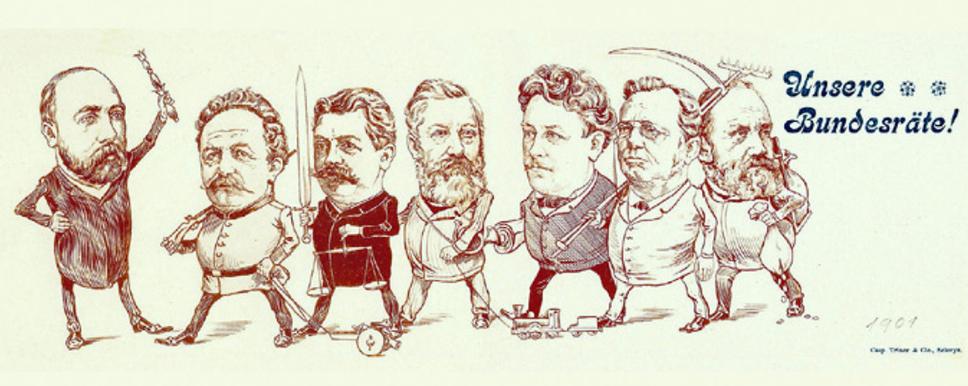 Spolková vláda roku 1901. Josef Zemp ťahá vláčik.