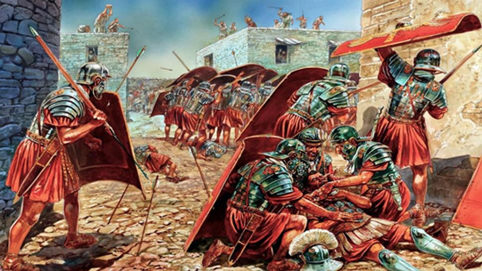 Obrázok, ktorý ukazuje boj židovských rebelov proti Rimanom. Boje boli kruté a krvavé a vyvrcholili v rozptýlení židovského národa do sveta. Židia sa stávajú súčasťou národov a cudzích kultúr v márnom dúfaní, že utečú pred nenávisťou a neustálymi pokusmi o ich vyhladenie.