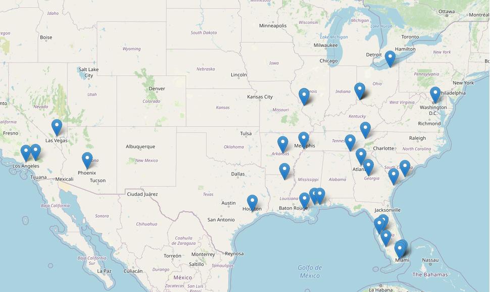 Mapa s označením miesta nálezu POTVRDENÝCH obetí. Časom ju zhotovili a neustále dopĺňajú pridelení vyšetrovatelia z FBI.