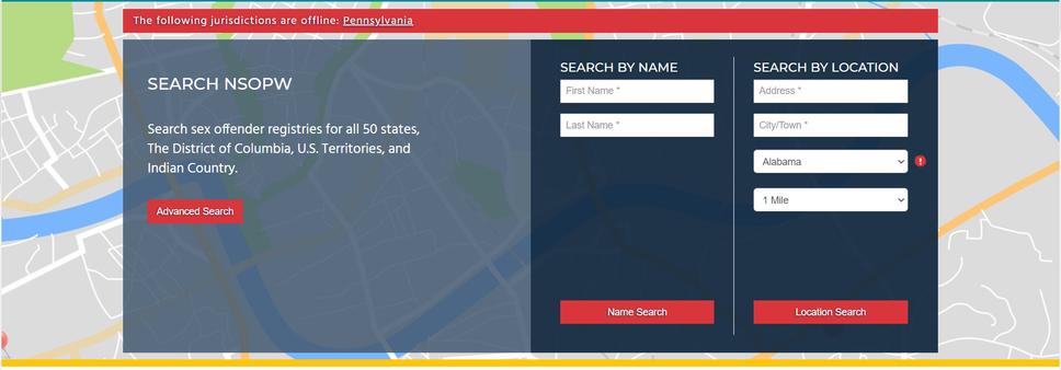 Screenshot vyhľadávača Sexuálnych delikventov na stránkach justice.gov