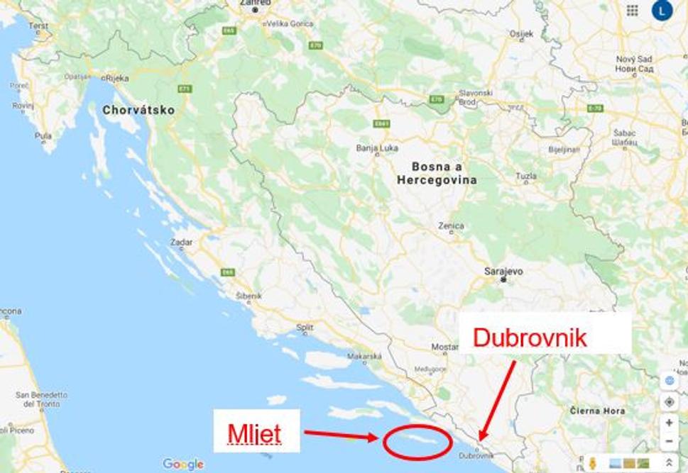 Ostrov Mljet sa nachádza v južnej časti Chorvátska neďaleko Dubrovníka. Zdroj: Google maps, licencia: Google Maps Terms of Service, anotácie: Ľubor Šešera.