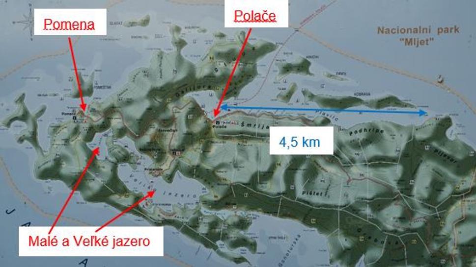 Mapa Národného parku Mljet. Zdroj: Informačná tabuľa na ostrove. Anotácie: Ľubor Šešera.