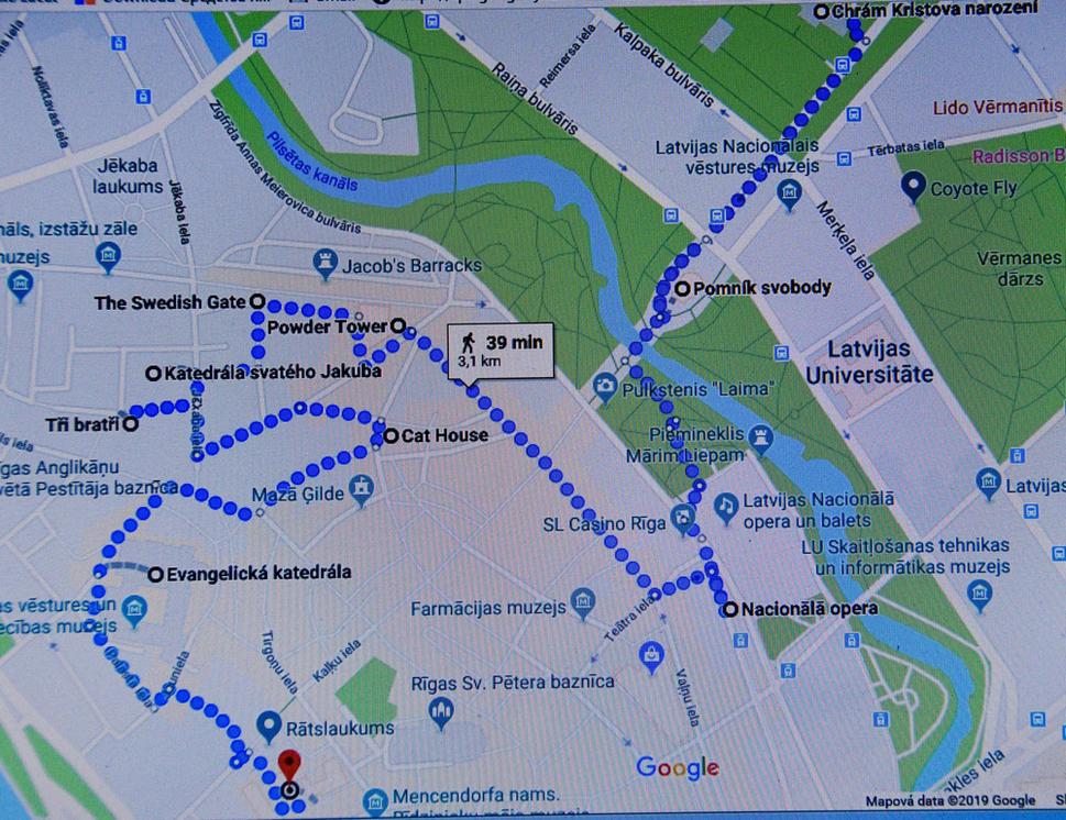 Mapka prvej časti našej prechádzky po Starej Rige.