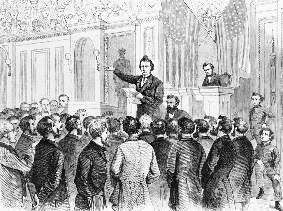 Odvolávanie Andrewa Johnsona z funkcie prezidenta v roku 1868 na dobovom obraze