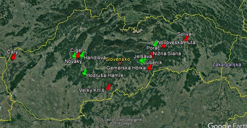 Červenou značkou sú zaniknuté bane, zelenou stále fungujúce bane