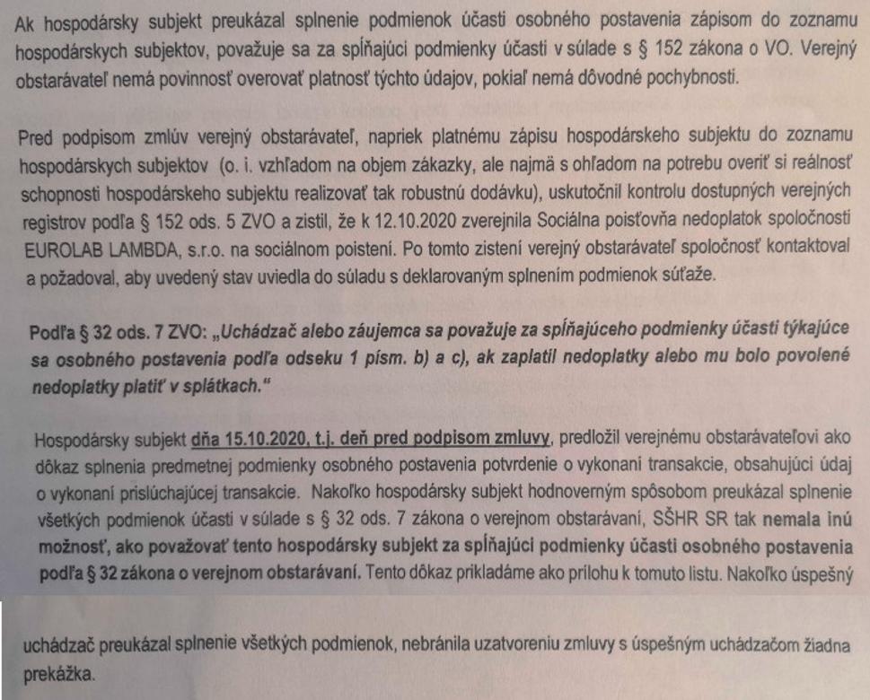 Pasáž zo Súhrnnej správy k zákazke popisujúca stav uhradenia dlhu Sociálnej poisťovni spoločnosťou Eurolab Lambda pred uzatvorením zmluvy so SŠHR.