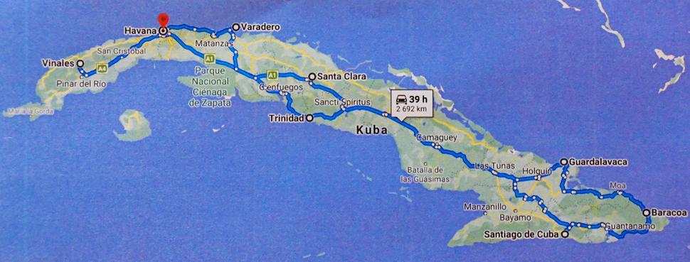 Trasa nášho putovania po Kube: Havana, Viňales, Havana, Cienfuegos, Trinidad, Santiago de Cuba, Guantanamo, Baracoa, Guadalavaca, Santa Clara, Varadero, Havana.